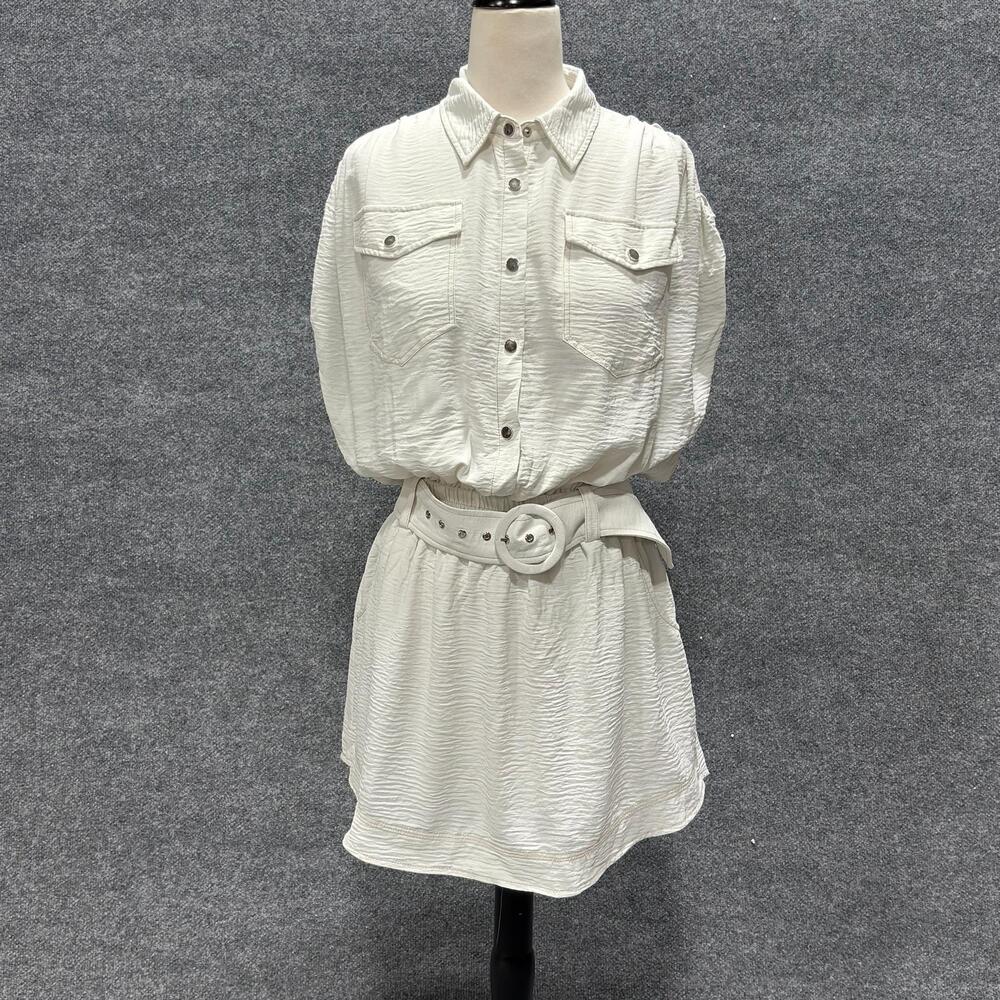 Ramy Brook Dress Womens M White Belted Collared Short Sleeve Crinkle Shirt Short
